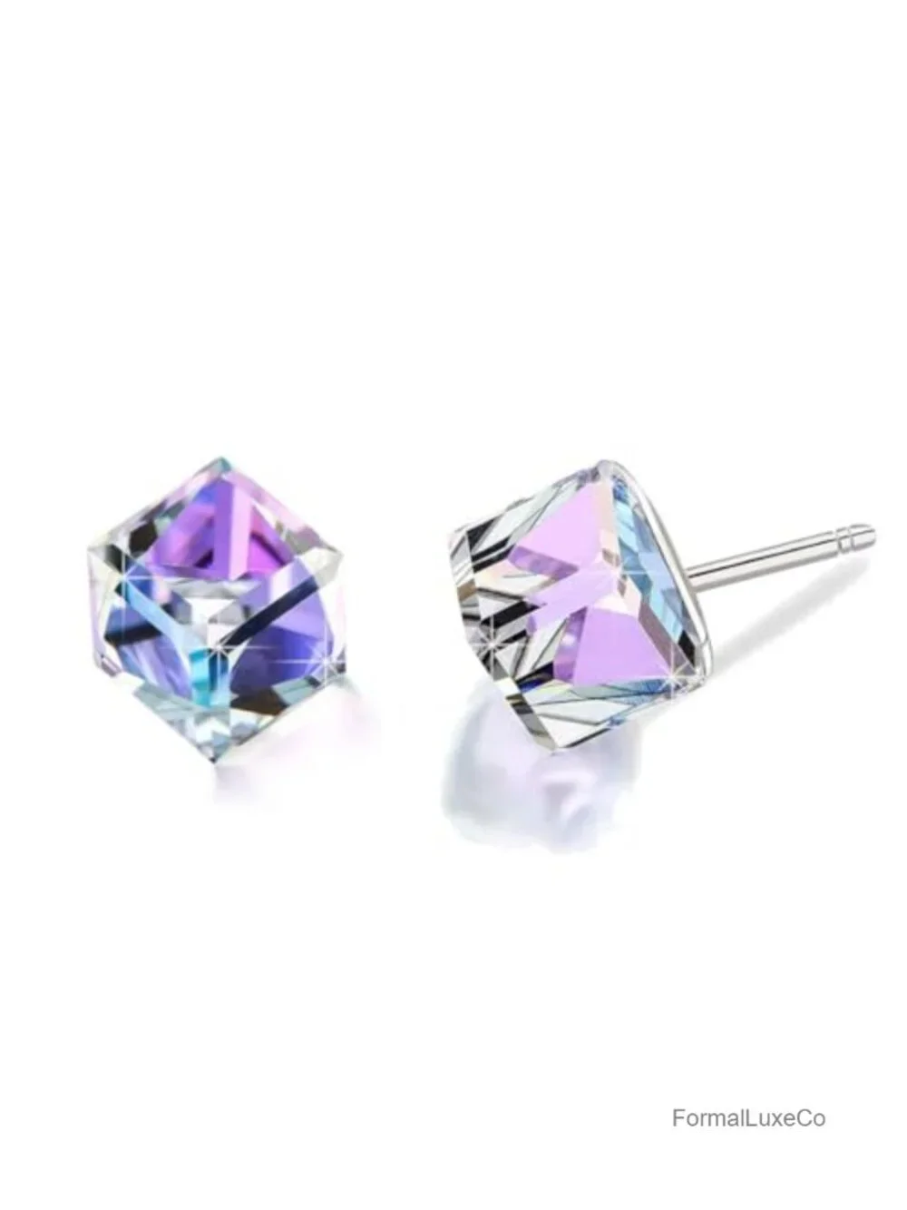 Austrian Crystal Cube Stud Earrings - 925 Sterling Silver Posts Push-Back